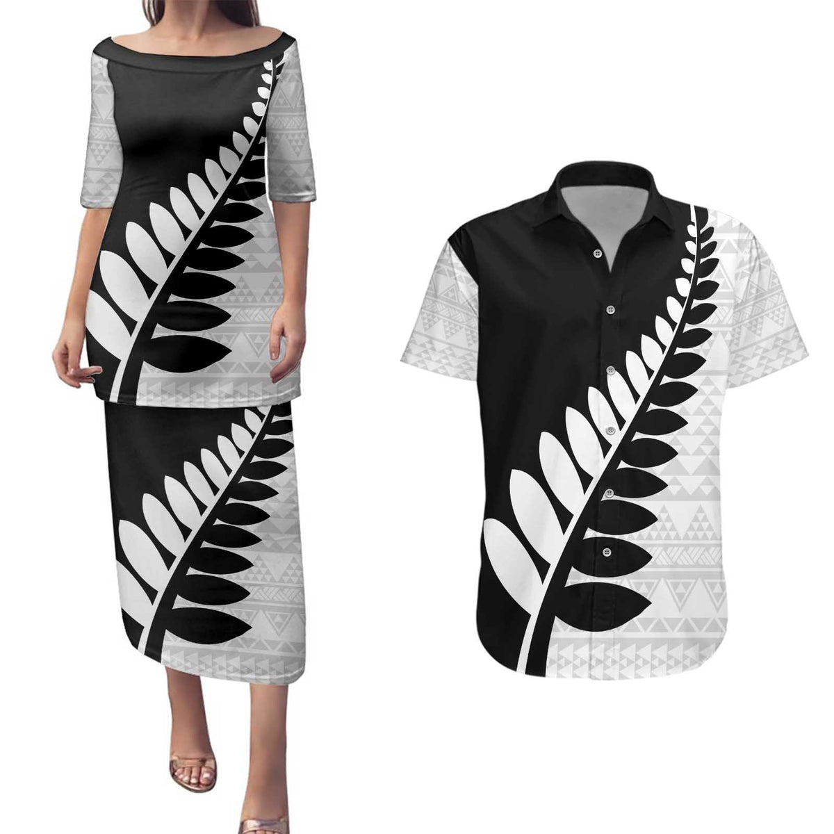 New Zealand Silver Fern Niho Taniwha Couples Matching Puletasi and Hawaiian Shirt LT9 Black - Polynesian Pride