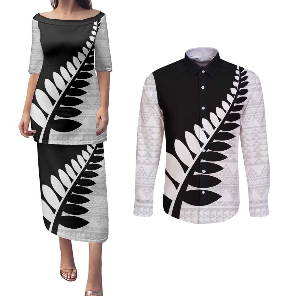 New Zealand Silver Fern Niho Taniwha Couples Matching Puletasi and Long Sleeve Button Shirt LT9 Black - Polynesian Pride