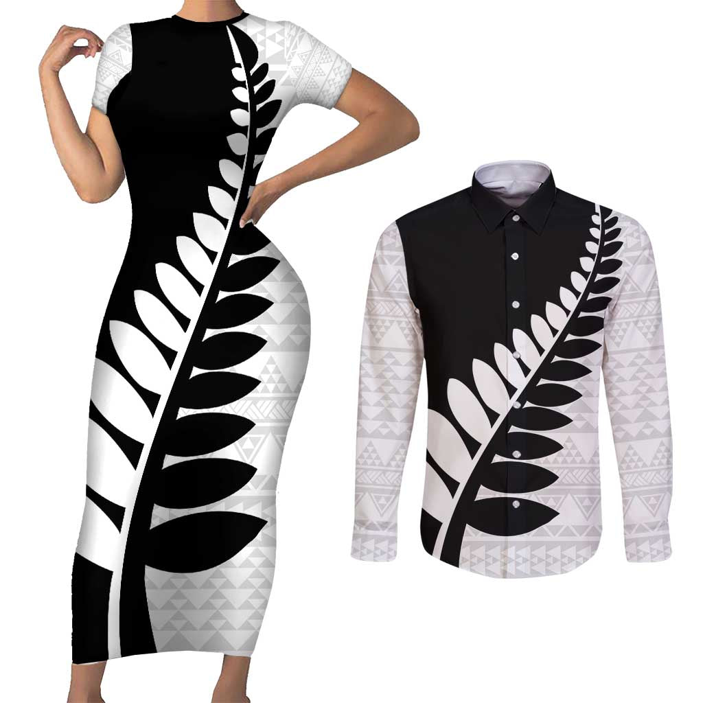 New Zealand Silver Fern Niho Taniwha Couples Matching Short Sleeve Bodycon Dress and Long Sleeve Button Shirt LT9 Black - Polynesian Pride