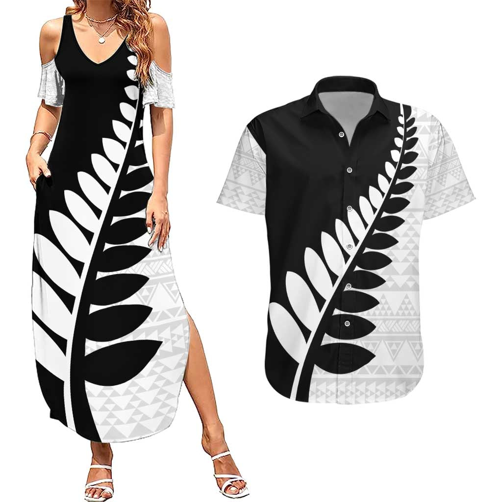 New Zealand Silver Fern Niho Taniwha Couples Matching Summer Maxi Dress and Hawaiian Shirt LT9 Black - Polynesian Pride