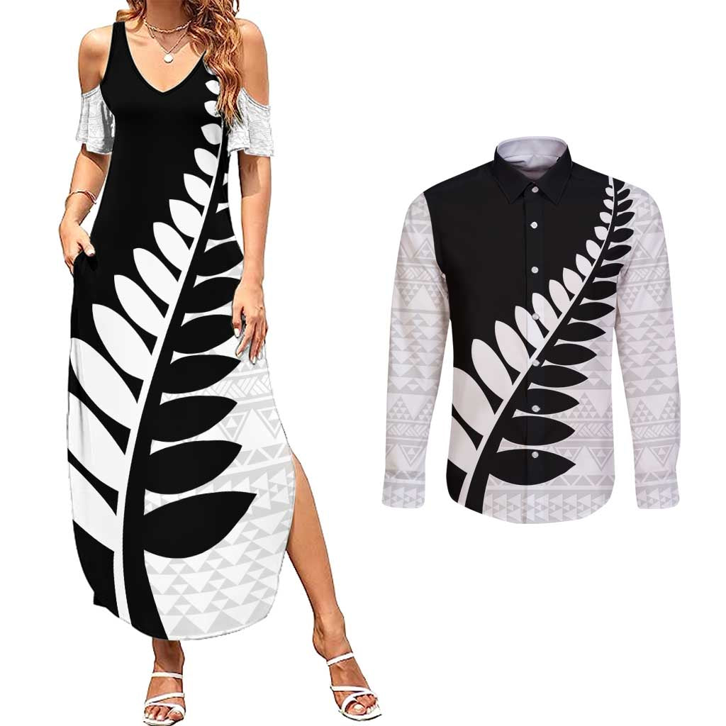 New Zealand Silver Fern Niho Taniwha Couples Matching Summer Maxi Dress and Long Sleeve Button Shirt LT9 Black - Polynesian Pride