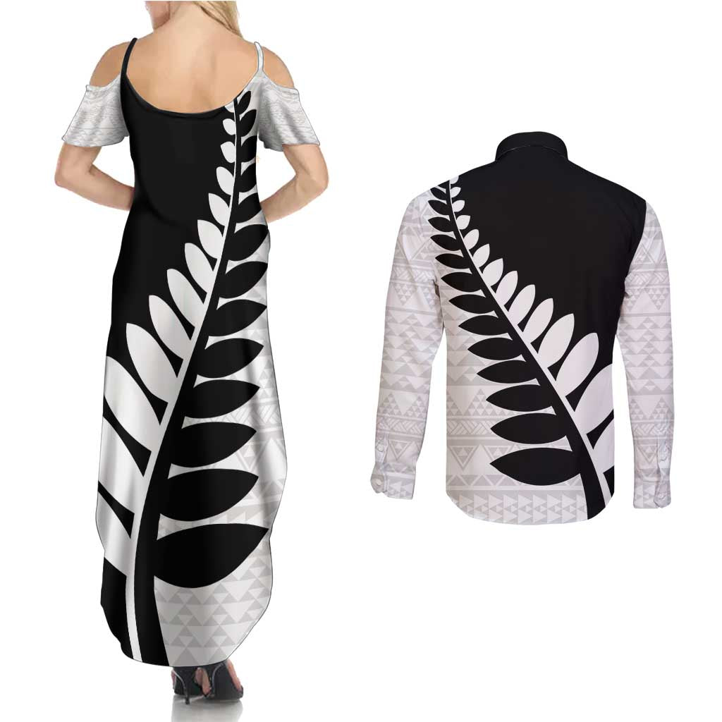 New Zealand Silver Fern Niho Taniwha Couples Matching Summer Maxi Dress and Long Sleeve Button Shirt LT9 - Polynesian Pride