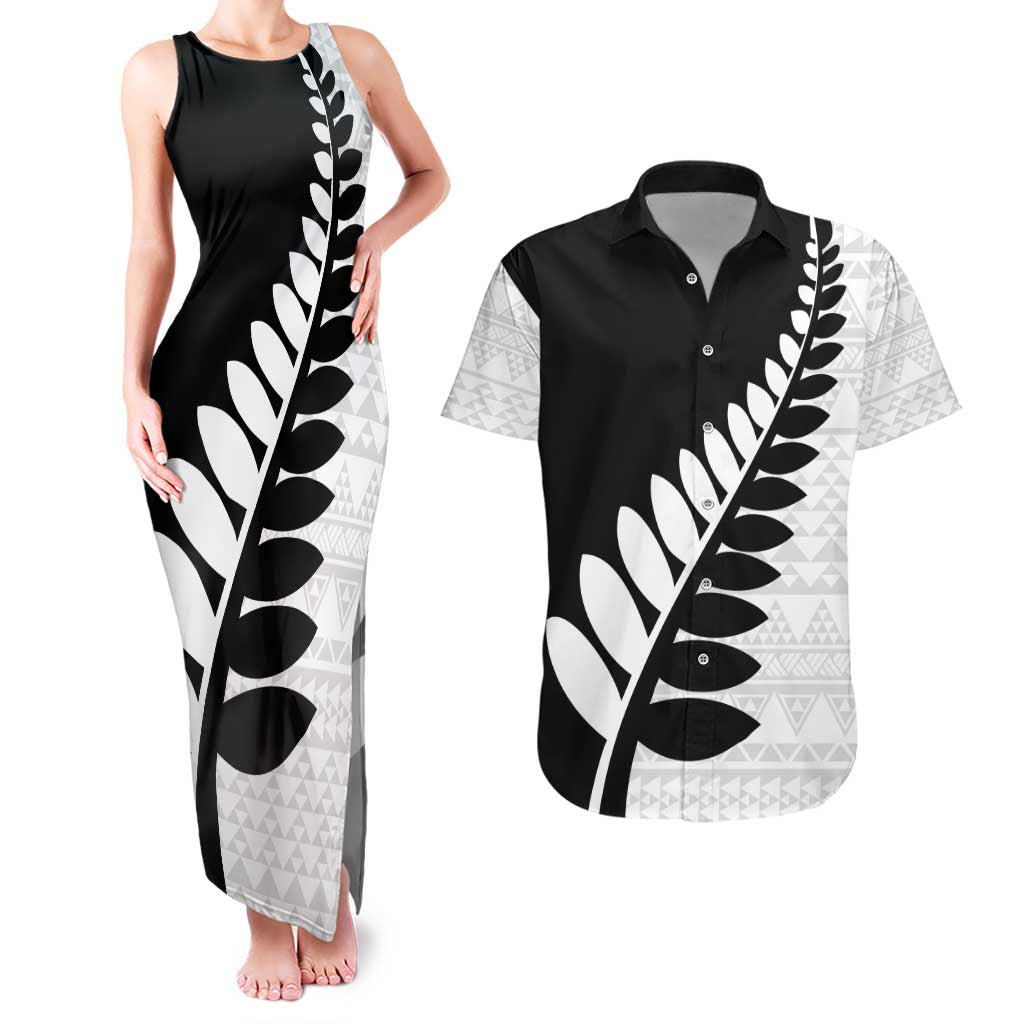 New Zealand Silver Fern Niho Taniwha Couples Matching Tank Maxi Dress and Hawaiian Shirt LT9 Black - Polynesian Pride