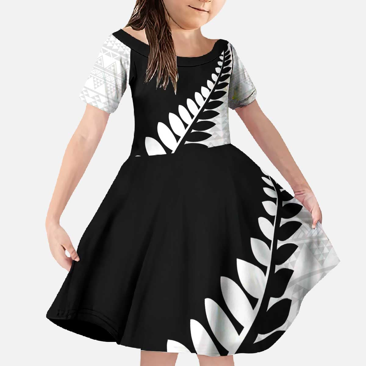 New Zealand Silver Fern Niho Taniwha Family Matching Off The Shoulder Long Sleeve Dress and Hawaiian Shirt LT9 Daughter's Dress Black - Polynesian Pride
