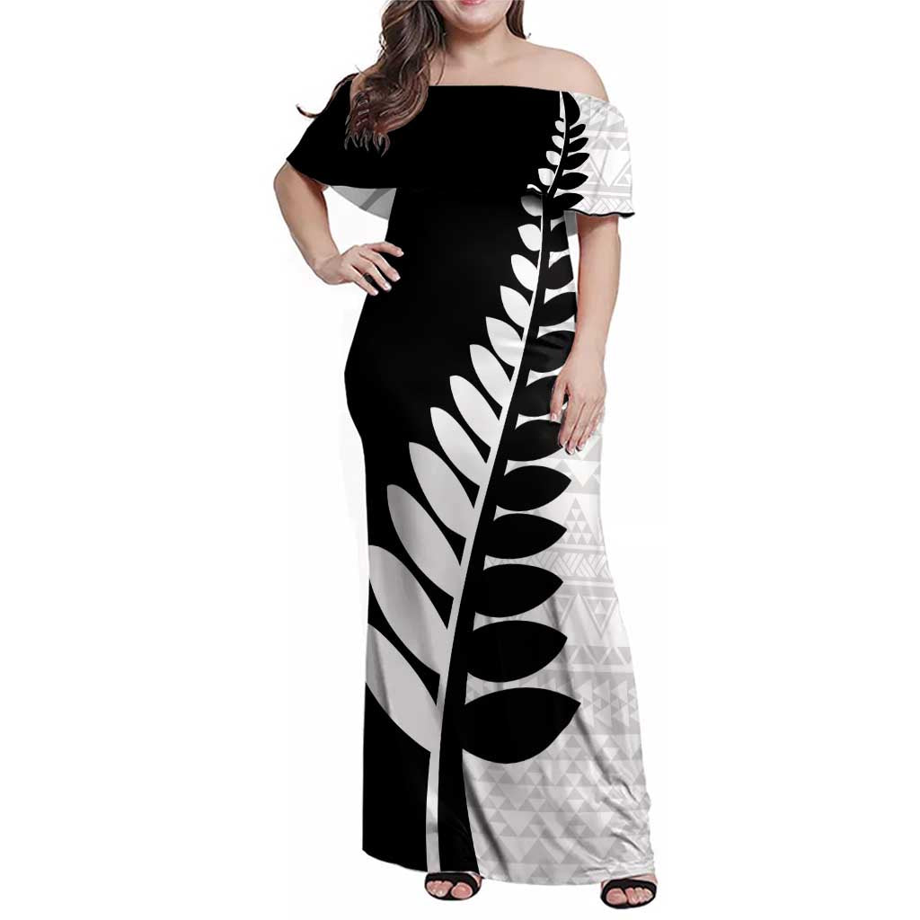 New Zealand Silver Fern Niho Taniwha Family Matching Off Shoulder Maxi Dress and Hawaiian Shirt LT9 Mom's Dress Black - Polynesian Pride