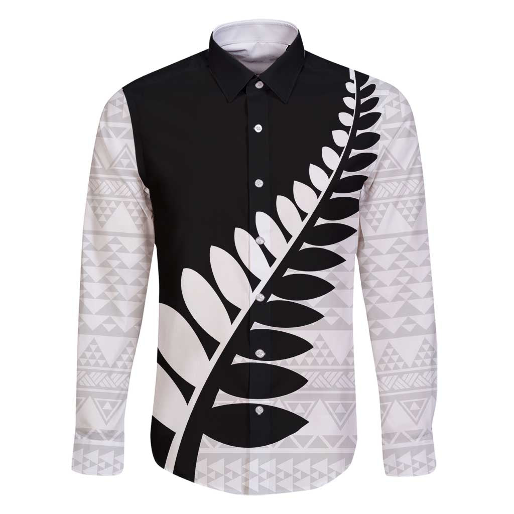 New Zealand Silver Fern Niho Taniwha Family Matching Off Shoulder Short Dress and Hawaiian Shirt LT9 Dad's Shirt - Long Sleeve Black - Polynesian Pride