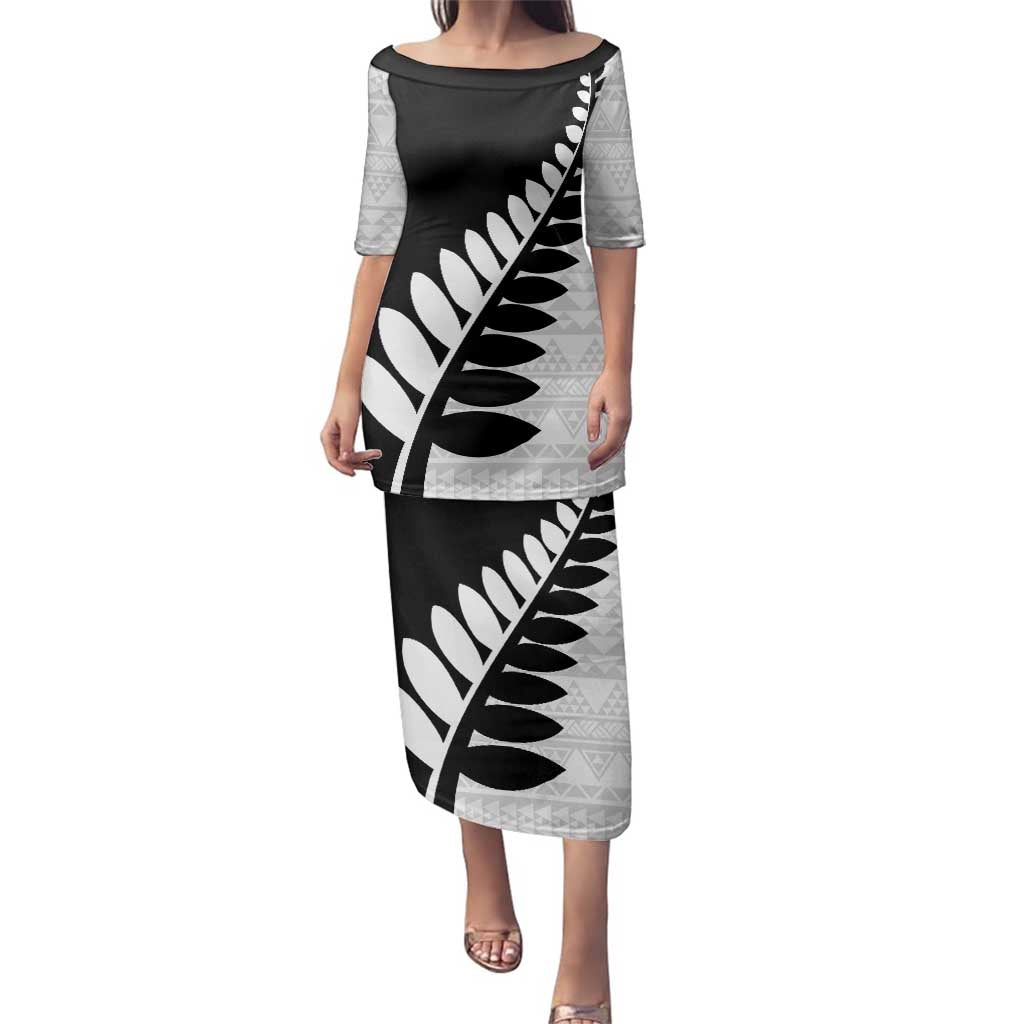 New Zealand Silver Fern Niho Taniwha Family Matching Puletasi and Hawaiian Shirt LT9 Mom's Dress Black - Polynesian Pride