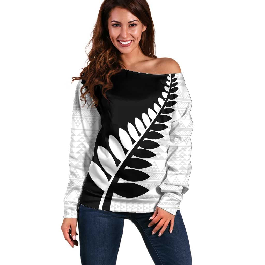 New Zealand Silver Fern Niho Taniwha Off Shoulder Sweater LT9 Women Black - Polynesian Pride