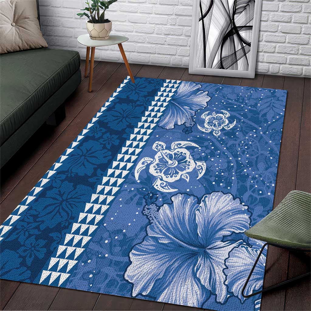 Blue Hibiscus Turle Area Rug Hawaiian Style Tribal Tapa Pattern LT9 Blue - Polynesian Pride