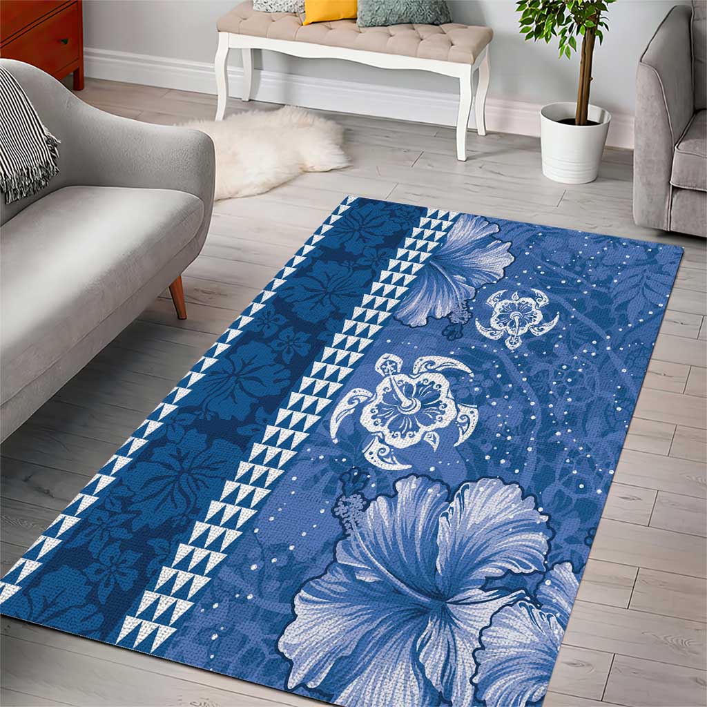 Blue Hibiscus Turle Area Rug Hawaiian Style Tribal Tapa Pattern LT9 - Polynesian Pride