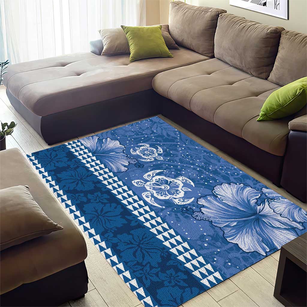 Blue Hibiscus Turle Area Rug Hawaiian Style Tribal Tapa Pattern LT9 - Polynesian Pride