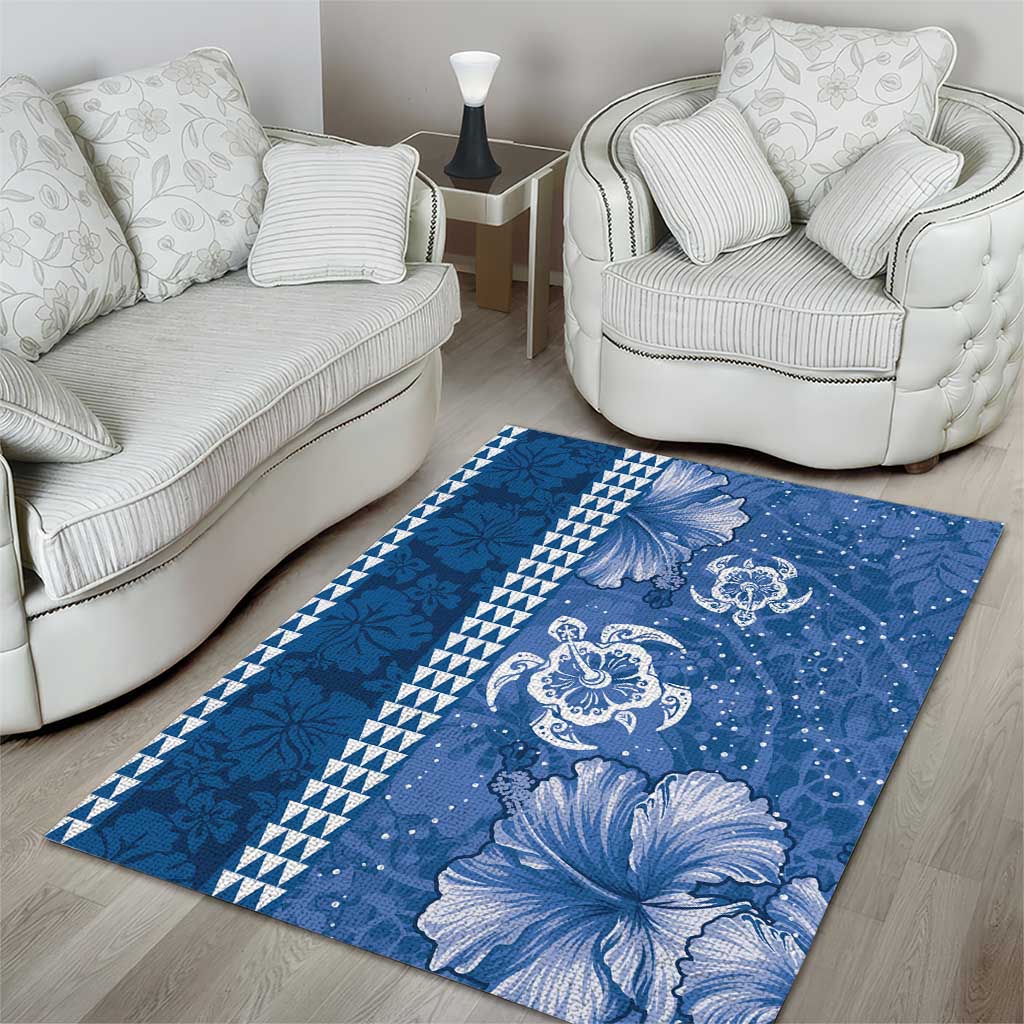 Blue Hibiscus Turle Area Rug Hawaiian Style Tribal Tapa Pattern LT9 - Polynesian Pride