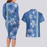 Blue Hibiscus Turle Couples Matching Long Sleeve Bodycon Dress and Hawaiian Shirt Hawaiian Style Tribal Tapa Pattern LT9 - Polynesian Pride