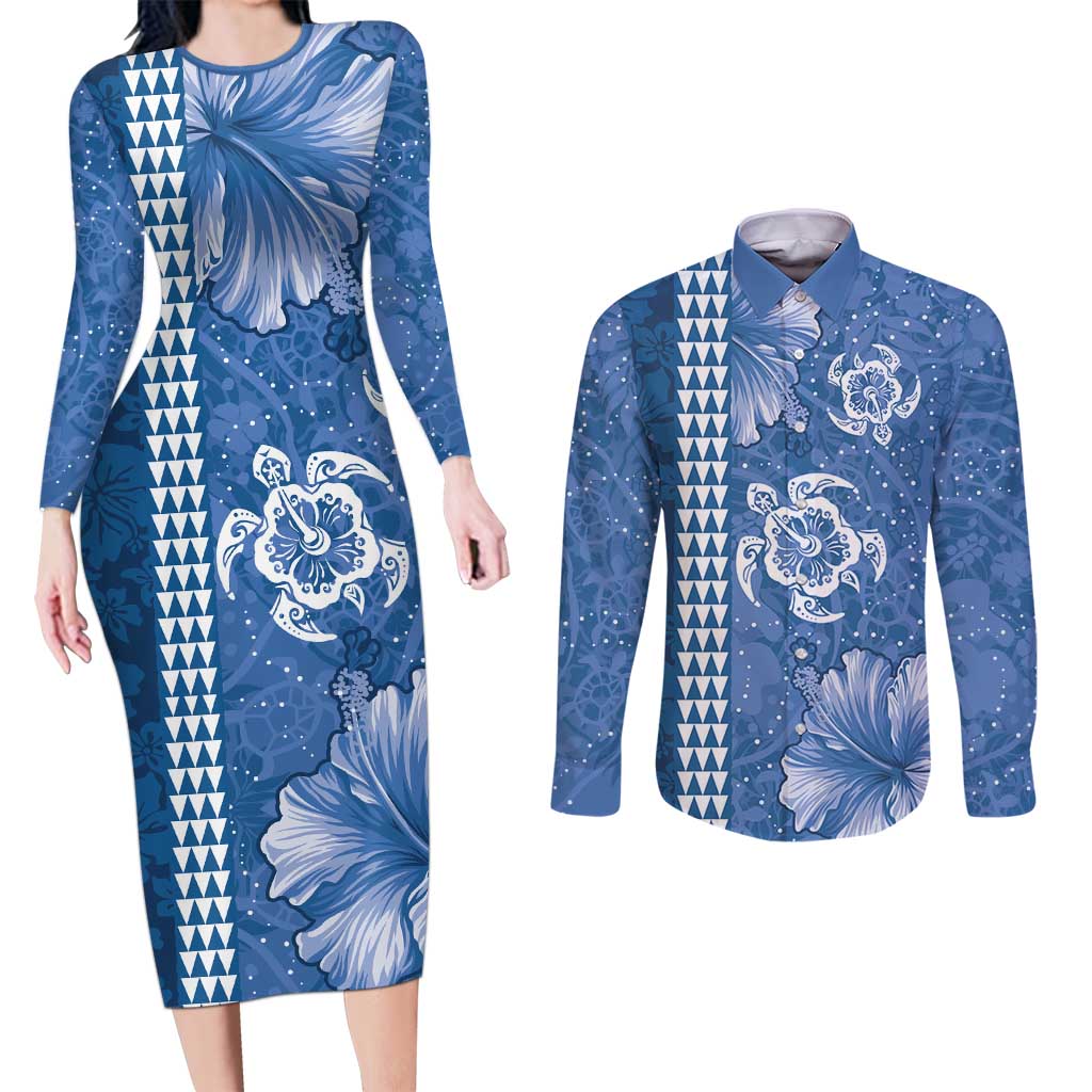 Blue Hibiscus Turle Couples Matching Long Sleeve Bodycon Dress and Long Sleeve Button Shirt Hawaiian Style Tribal Tapa Pattern LT9 Blue - Polynesian Pride