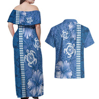 Blue Hibiscus Turle Couples Matching Off Shoulder Maxi Dress and Hawaiian Shirt Hawaiian Style Tribal Tapa Pattern LT9 - Polynesian Pride