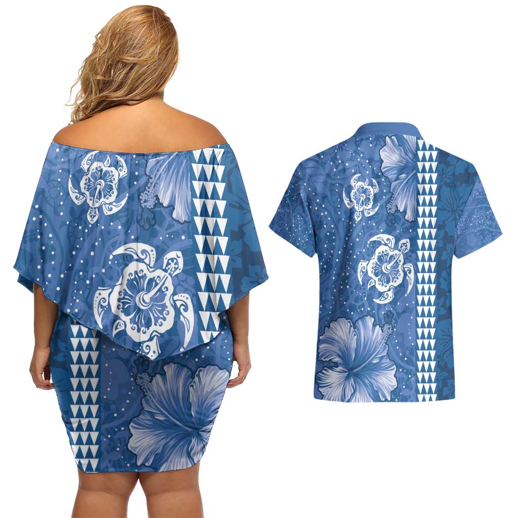 Blue Hibiscus Turle Couples Matching Off Shoulder Short Dress and Hawaiian Shirt Hawaiian Style Tribal Tapa Pattern LT9 - Polynesian Pride