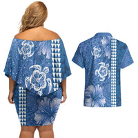 Blue Hibiscus Turle Couples Matching Off Shoulder Short Dress and Hawaiian Shirt Hawaiian Style Tribal Tapa Pattern LT9 - Polynesian Pride