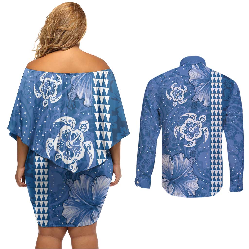 Blue Hibiscus Turle Couples Matching Off Shoulder Short Dress and Long Sleeve Button Shirt Hawaiian Style Tribal Tapa Pattern