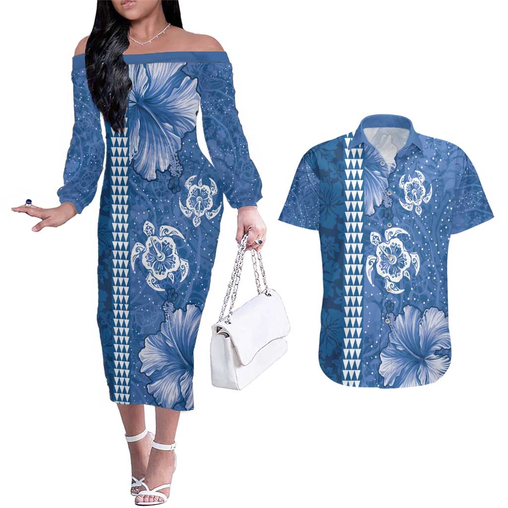Blue Hibiscus Turle Couples Matching Off The Shoulder Long Sleeve Dress and Hawaiian Shirt Hawaiian Style Tribal Tapa Pattern LT9 Blue - Polynesian Pride