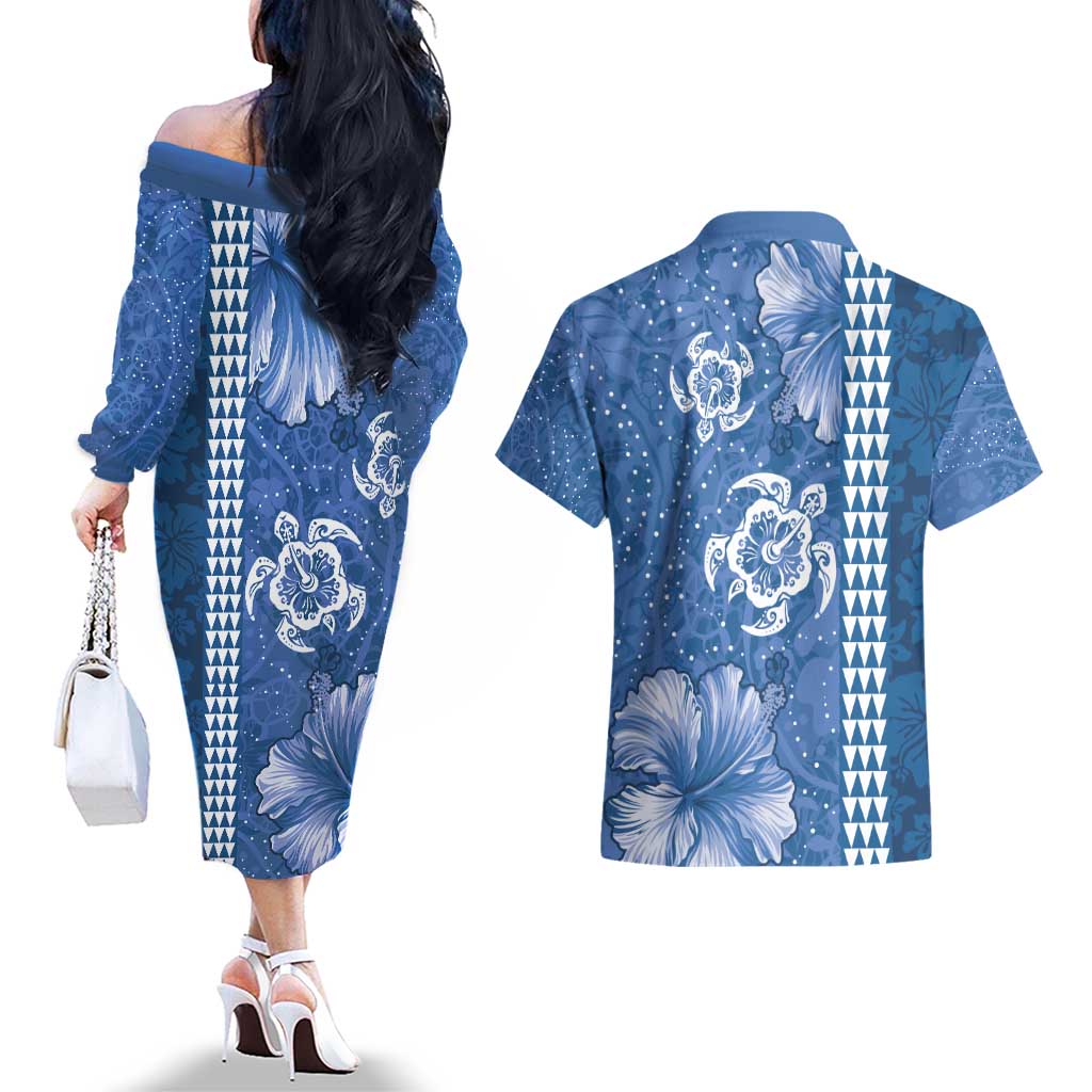 Blue Hibiscus Turle Couples Matching Off The Shoulder Long Sleeve Dress and Hawaiian Shirt Hawaiian Style Tribal Tapa Pattern LT9 - Polynesian Pride