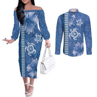 Blue Hibiscus Turle Couples Matching Off The Shoulder Long Sleeve Dress and Long Sleeve Button Shirt Hawaiian Style Tribal Tapa Pattern LT9 Blue - Polynesian Pride