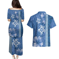 Blue Hibiscus Turle Couples Matching Puletasi and Hawaiian Shirt Hawaiian Style Tribal Tapa Pattern