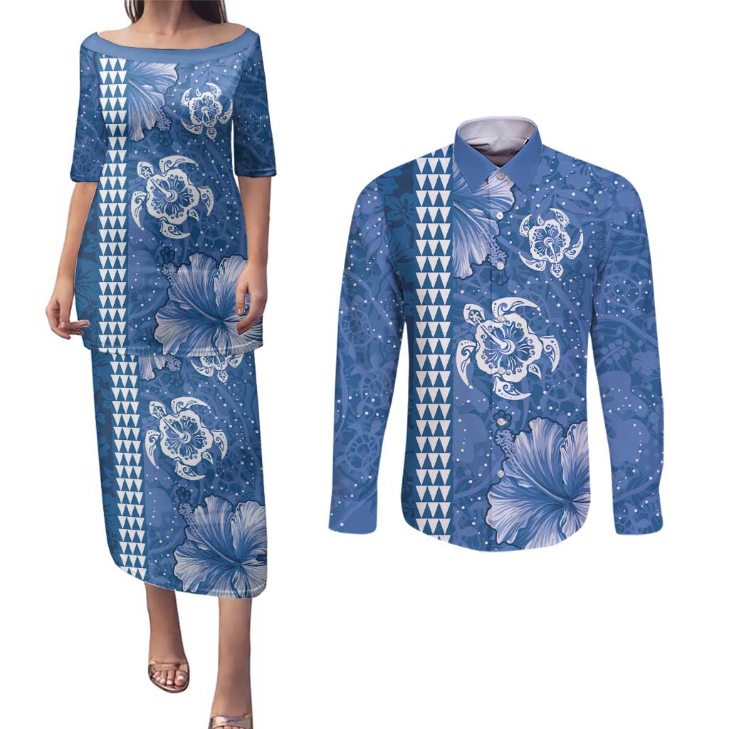 Blue Hibiscus Turle Couples Matching Puletasi and Long Sleeve Button Shirt Hawaiian Style Tribal Tapa Pattern LT9 Blue - Polynesian Pride