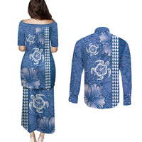 Blue Hibiscus Turle Couples Matching Puletasi and Long Sleeve Button Shirt Hawaiian Style Tribal Tapa Pattern LT9 - Polynesian Pride