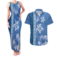 Blue Hibiscus Turle Couples Matching Tank Maxi Dress and Hawaiian Shirt Hawaiian Style Tribal Tapa Pattern LT9 Blue - Polynesian Pride