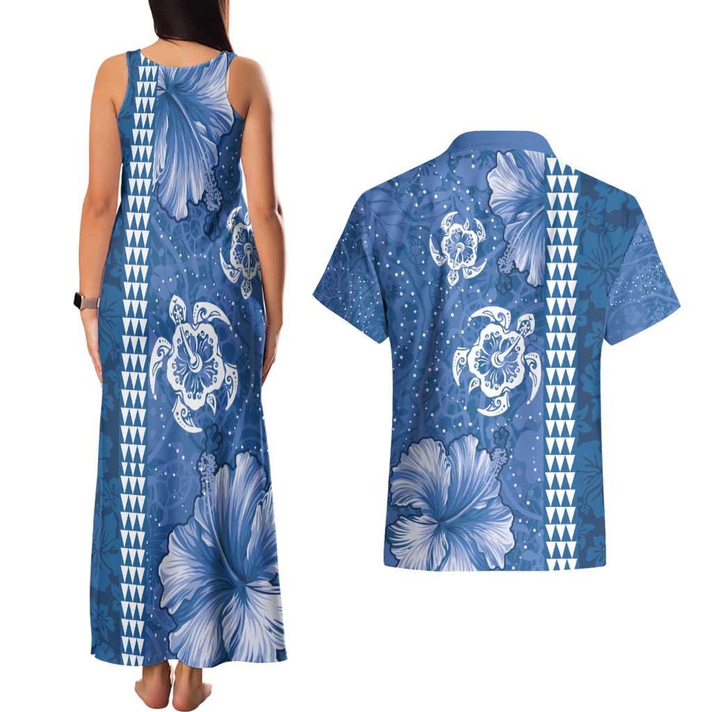 Blue Hibiscus Turle Couples Matching Tank Maxi Dress and Hawaiian Shirt Hawaiian Style Tribal Tapa Pattern LT9 - Polynesian Pride
