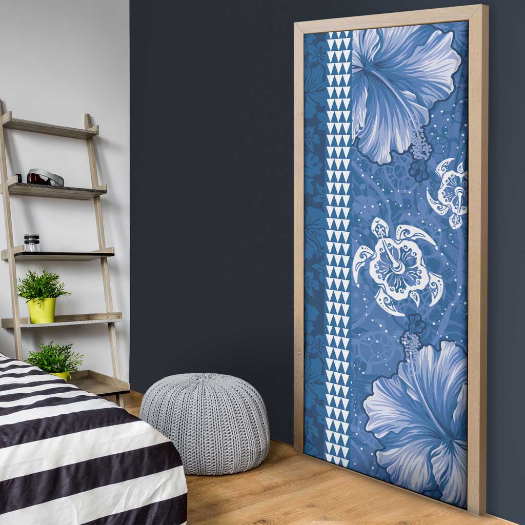 Blue Hibiscus Turle Door Cover Hawaiian Style Tribal Tapa Pattern - Polynesian Pride
