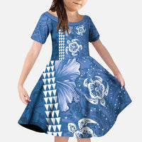 Blue Hibiscus Turle Family Matching Mermaid Dress and Hawaiian Shirt Hawaiian Style Tribal Tapa Pattern LT9 Daughter's Dress Blue - Polynesian Pride