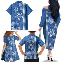 Blue Hibiscus Turle Family Matching Off The Shoulder Long Sleeve Dress and Hawaiian Shirt Hawaiian Style Tribal Tapa Pattern LT9 - Polynesian Pride