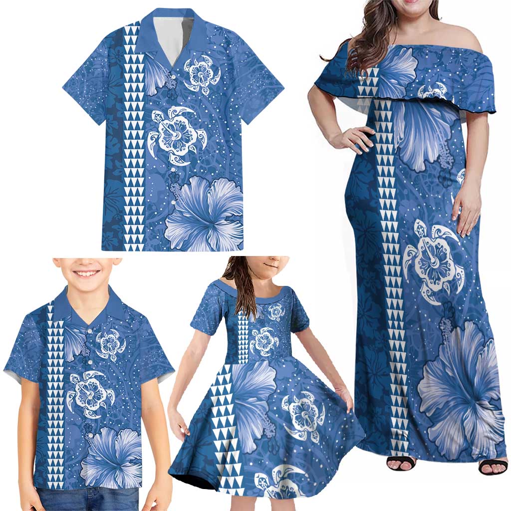 Blue Hibiscus Turle Family Matching Off Shoulder Maxi Dress and Hawaiian Shirt Hawaiian Style Tribal Tapa Pattern LT9 - Polynesian Pride
