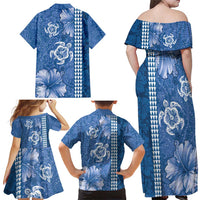 Blue Hibiscus Turle Family Matching Off Shoulder Maxi Dress and Hawaiian Shirt Hawaiian Style Tribal Tapa Pattern LT9 - Polynesian Pride