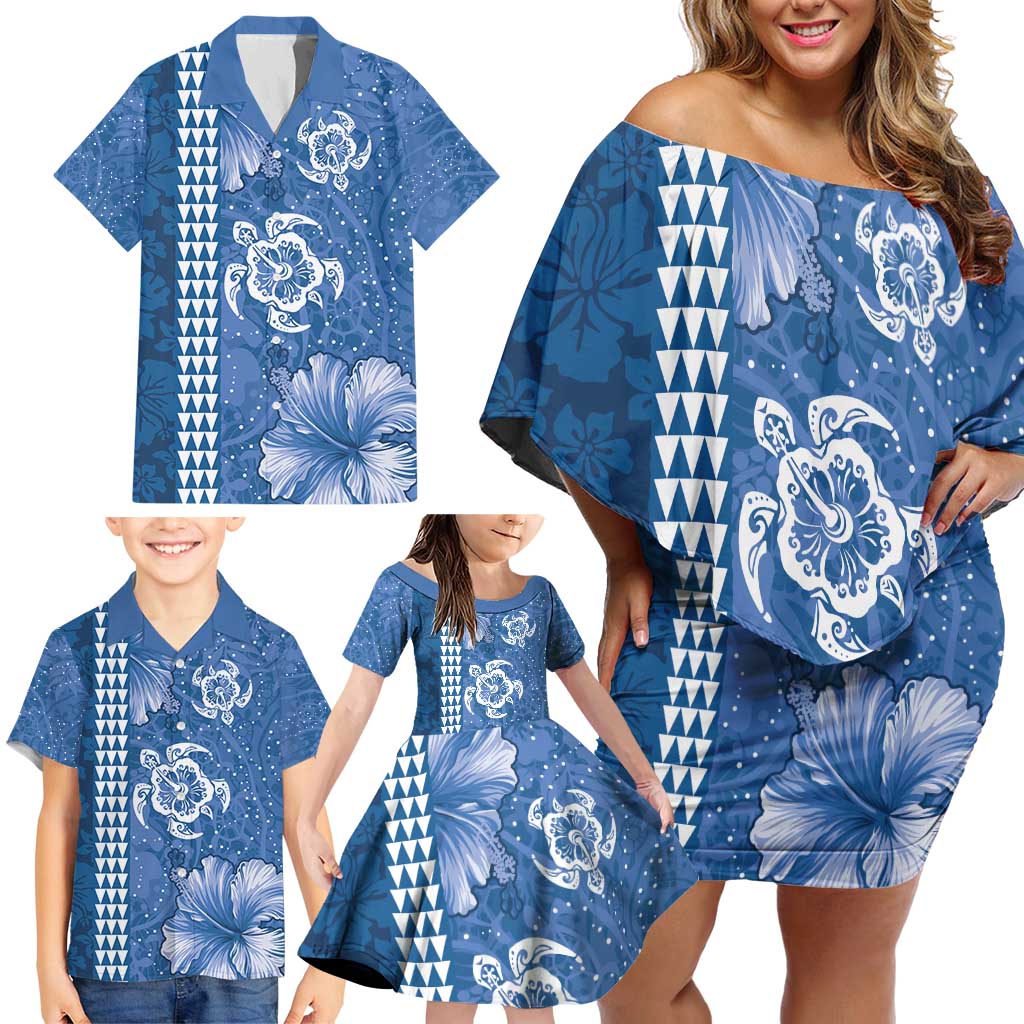 Blue Hibiscus Turle Family Matching Off Shoulder Short Dress and Hawaiian Shirt Hawaiian Style Tribal Tapa Pattern LT9 - Polynesian Pride