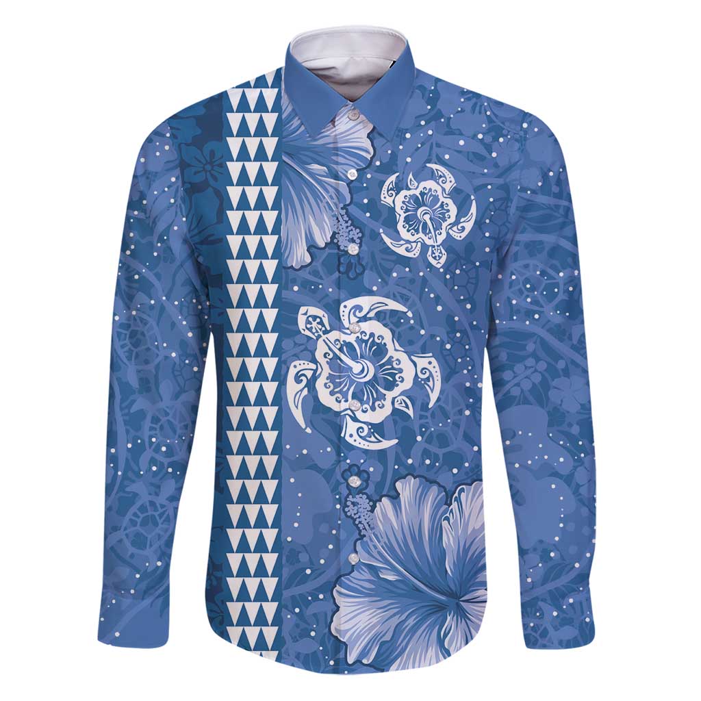 Blue Hibiscus Turle Family Matching Puletasi and Hawaiian Shirt Hawaiian Style Tribal Tapa Pattern LT9 Dad's Shirt - Long Sleeve Blue - Polynesian Pride
