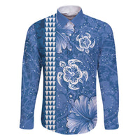 Blue Hibiscus Turle Family Matching Puletasi and Hawaiian Shirt Hawaiian Style Tribal Tapa Pattern LT9 Dad's Shirt - Long Sleeve Blue - Polynesian Pride