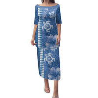 Blue Hibiscus Turle Family Matching Puletasi and Hawaiian Shirt Hawaiian Style Tribal Tapa Pattern LT9 Mom's Dress Blue - Polynesian Pride
