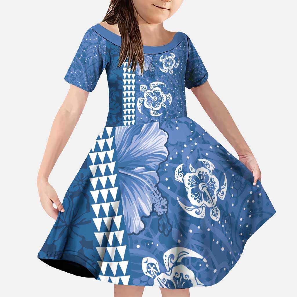 Blue Hibiscus Turle Family Matching Summer Maxi Dress and Hawaiian Shirt Hawaiian Style Tribal Tapa Pattern LT9 Daughter's Dress Blue - Polynesian Pride