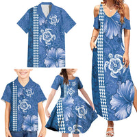 Blue Hibiscus Turle Family Matching Summer Maxi Dress and Hawaiian Shirt Hawaiian Style Tribal Tapa Pattern LT9 - Polynesian Pride
