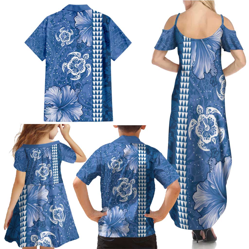 Blue Hibiscus Turle Family Matching Summer Maxi Dress and Hawaiian Shirt Hawaiian Style Tribal Tapa Pattern LT9 - Polynesian Pride