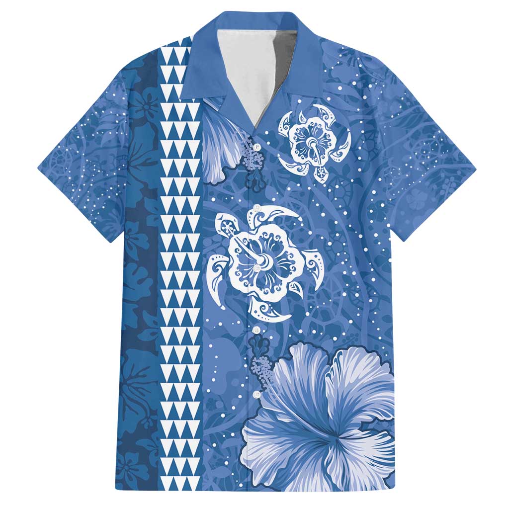 Blue Hibiscus Turle Family Matching Summer Maxi Dress and Hawaiian Shirt Hawaiian Style Tribal Tapa Pattern LT9 Dad's Shirt - Short Sleeve Blue - Polynesian Pride