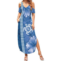 Blue Hibiscus Turle Family Matching Summer Maxi Dress and Hawaiian Shirt Hawaiian Style Tribal Tapa Pattern LT9 Mom's Dress Blue - Polynesian Pride