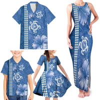 Blue Hibiscus Turle Family Matching Tank Maxi Dress and Hawaiian Shirt Hawaiian Style Tribal Tapa Pattern LT9 - Polynesian Pride