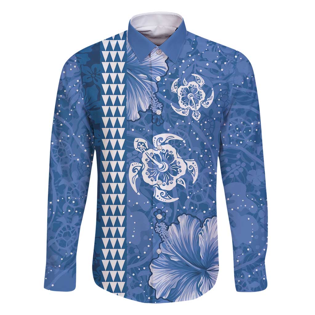 Blue Hibiscus Turle Family Matching Tank Maxi Dress and Hawaiian Shirt Hawaiian Style Tribal Tapa Pattern LT9 Dad's Shirt - Long Sleeve Blue - Polynesian Pride