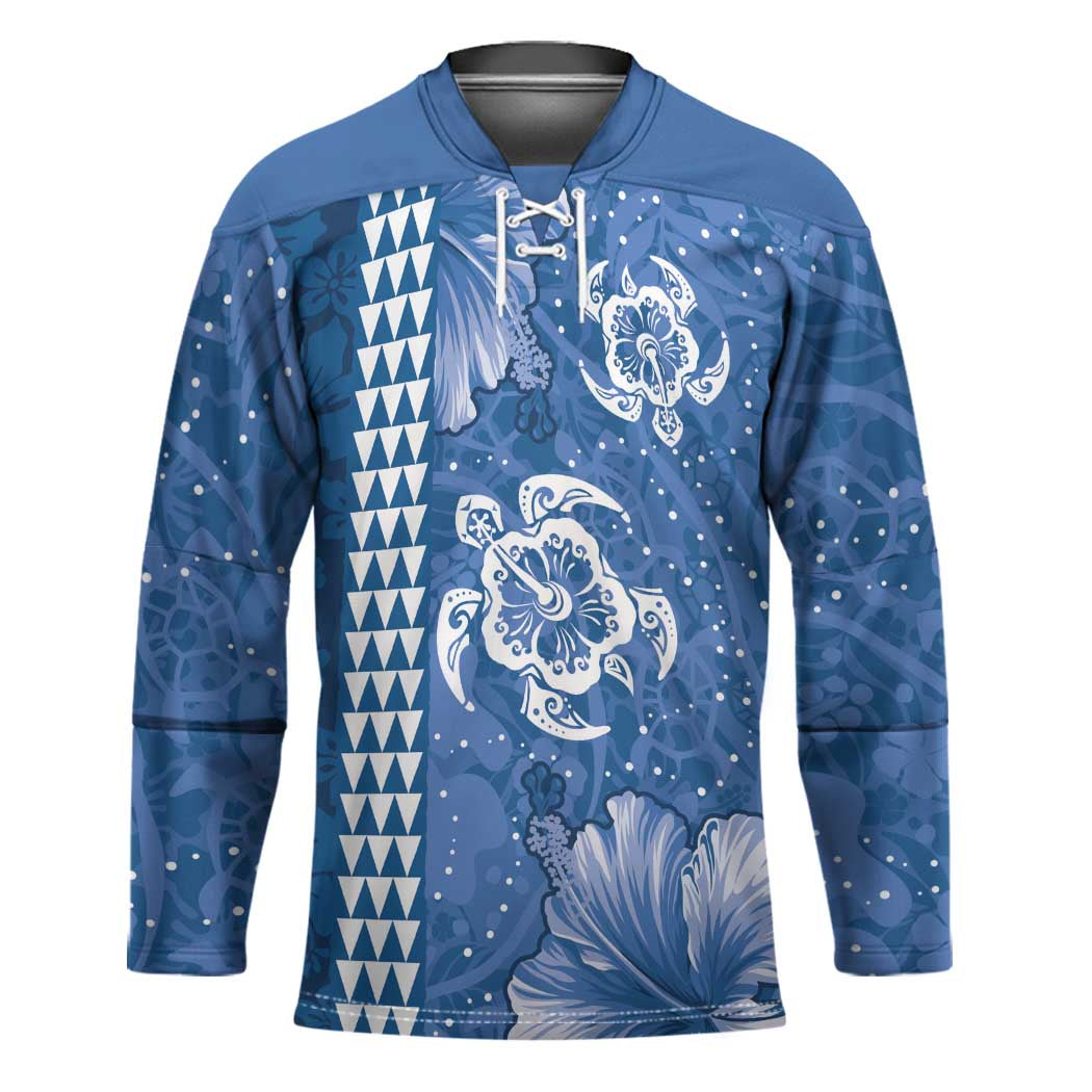 Blue Hibiscus Turle Hockey Jersey Hawaiian Style Tribal Tapa Pattern LT9 Unisex Blue - Polynesian Pride