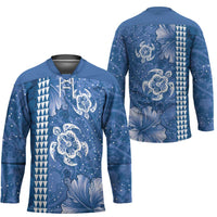 Blue Hibiscus Turle Hockey Jersey Hawaiian Style Tribal Tapa Pattern LT9 - Polynesian Pride