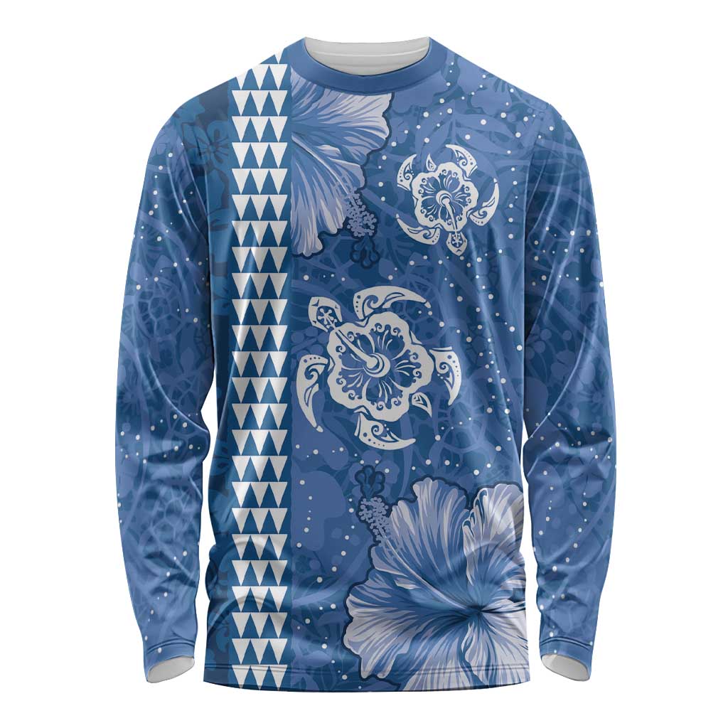Blue Hibiscus Turle Long Sleeve Shirt Hawaiian Style Tribal Tapa Pattern