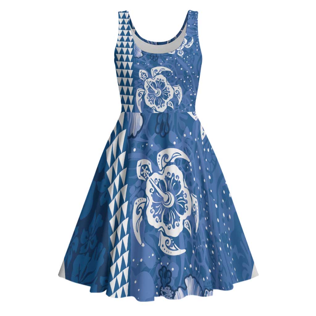 Blue Hibiscus Turle Midi Dress Hawaiian Style Tribal Tapa Pattern - Polynesian Pride